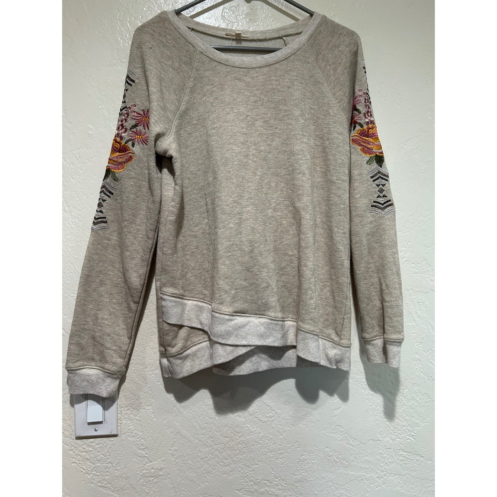 Mystree Oatmeal Heather Floral Embroidered Sleeve Tulip Hem‎ Sweatshirt Small
